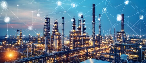 Fototapeta premium A vibrant industrial landscape featuring towering structures and illuminated pipelines, showcasing the complex network of modern manufacturing and technology in an urban setting.