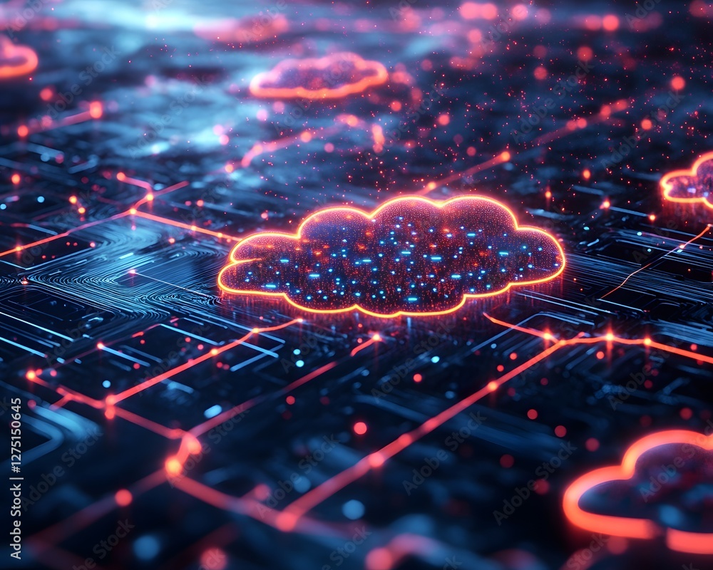 Poster a vivid illustration of cloud computing and digital connectivity with glowing cloud symbols on a cir
