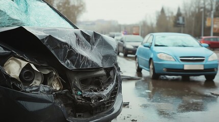 Severe Car Accident on Wet Road &ndash; Crashed Black Vehicle and Damaged Blue Sedan After Collision