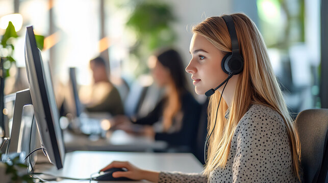 Focused female customer service representative wearing a headset working on a computer in a modern office. Call center and support service concept