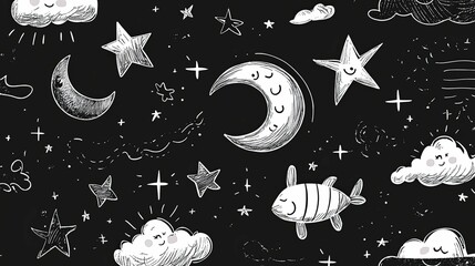 Whimsical Night Sky Design Featuring Stars Clouds and Moon