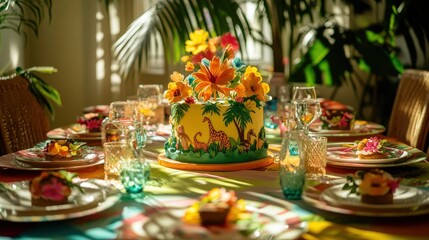 Fototapeta premium tropical jungle cake table setting