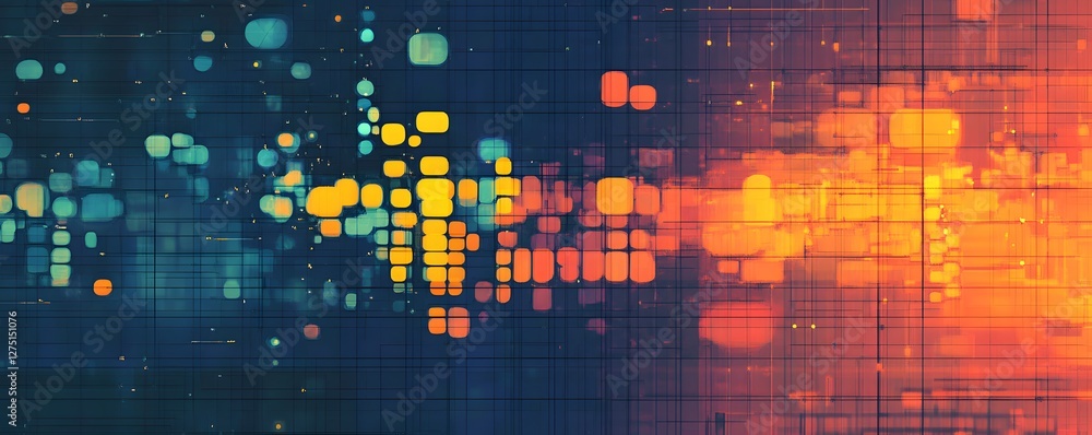 Poster abstract colorful digital background with glowing squares and grids representing data flow and conne