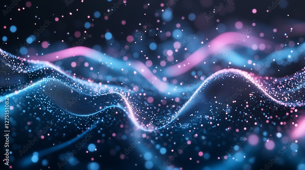 Poster abstract digital wave with particles and light effects flowing over a dark background