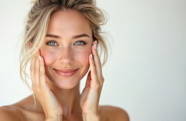 Naklejka premium Portrait of young woman touching healthy facial skin, natural makeup on white background. Skincare concept, model demonstrates treatment, glowing cosmetology, whitening cream, moisturise effect,