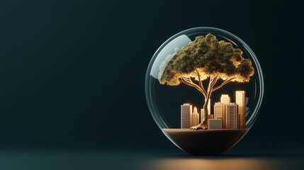 innovation, war, competition concept. Miniature cityscape with a glowing tree inside a glass sphere.