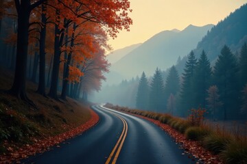 Obraz premium Autumnal Road Winding Through Misty Mountains and Colorful Trees