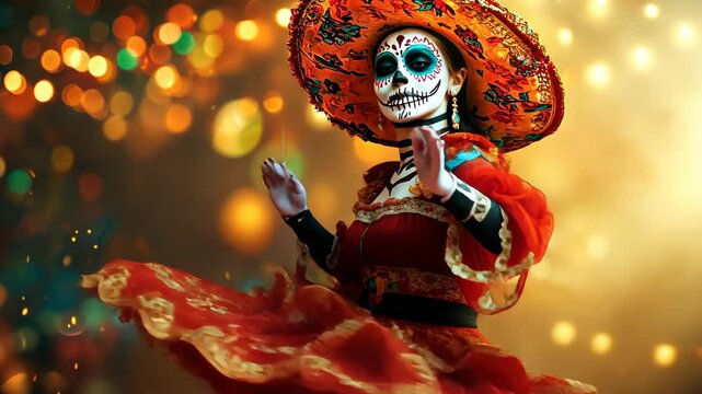 Beautiful dancer celebrates Day of the Dead with vibrant costume and traditionalements, Beautiful dancing mexican for the Day of the Dead, Perfect beautiful dia de muertos background