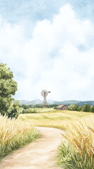 Obraz premium Watercolor Painting of a Scenic Countryside Landscape