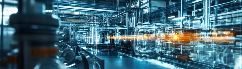 An industrial facility featuring modern machinery and advanced technology, showcasing intricate pipelines and equipment for efficient production in a high-tech environment.