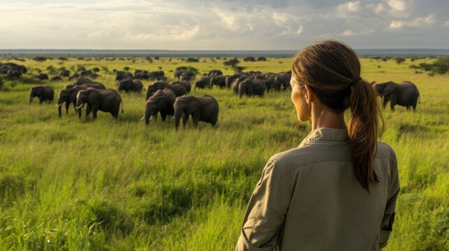 A conservationist tracking elephant migration patterns in a dense African savanna