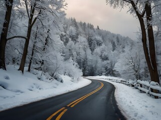 Obraz premium Winding Snowy Road Winter Landscape Frosty Trees