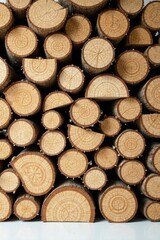 A captivating arrangement of neatly stacked wood rounds, exhibiting the natural concentric rings of a tree trunk, showcasing the beauty of nature's intricate design