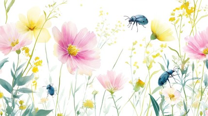 whimsical watercolor floral pattern, scattered pink magenta yellow blooms, delicate blue beetles, soft green foliage, light pastel stems, botanical seamless design, airy white background, dreamy