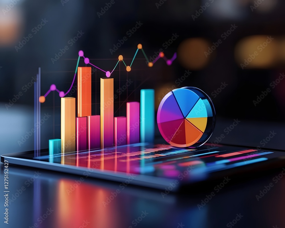 Poster dynamic digital display showcasing colorful graphs and charts on a tablet, representing data analysi