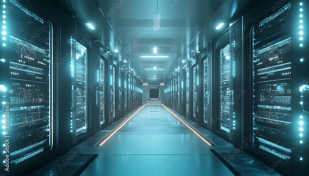 Poster futuristic data center hallway featuring rows of servers with glowing lights. this high-tech environ