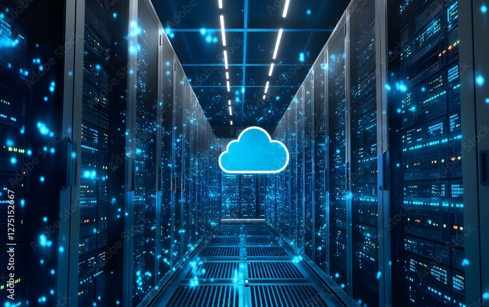 Poster futuristic data center with glowing cloud symbol representing cloud computing and digital connectivi