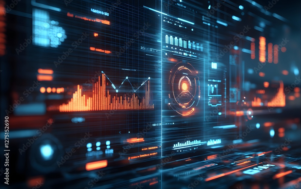 Poster futuristic digital interface featuring glowing graphs, charts, and data streams, ideal for showcasin