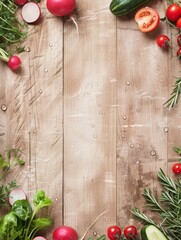 Fresh vegetables arrangement on wooden table with radishes, tomatoes, and herbs