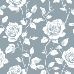 elegant rose silhouette pattern, delicate white floral motifs, flowing ornamental leaves, vintage botanical design, muted gray background, classical decorative elements, sophisticated repeat pattern,