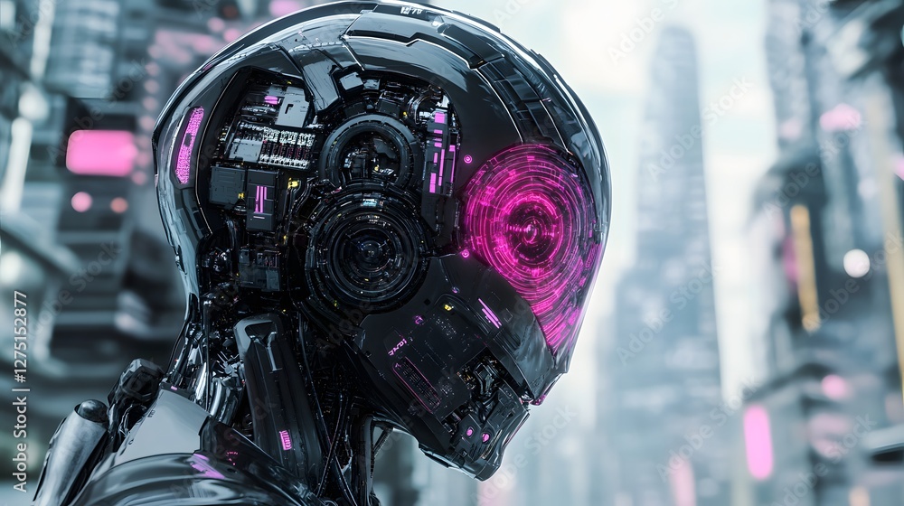 Poster futuristic robot head with vibrant pink lights and intricate circuitry, symbolizing advanced technol