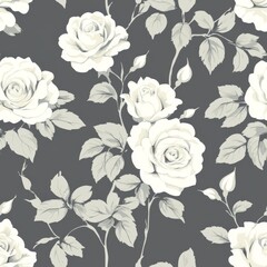classic white rose silhouettes, graceful leaf patterns, vintage botanical design, elegant gray background, sophisticated floral motifs, refined garden elements, traditional decorative style, romantic