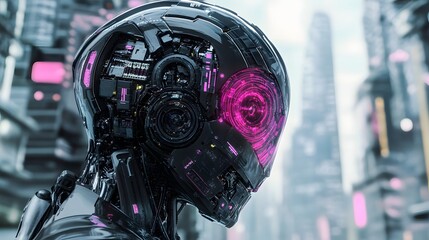 Futuristic robot head with vibrant pink lights and intricate circuitry, symbolizing advanced technology and artificial intelligence in a modern urban environment.