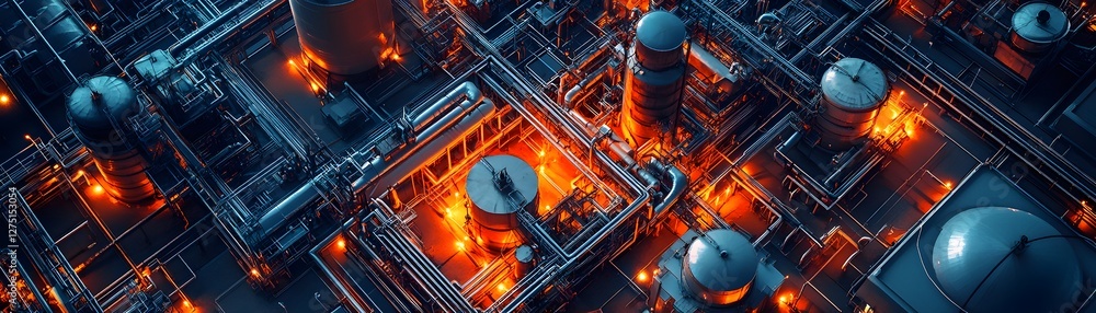 Poster high-tech industrial complex with intricate pipelines and glowing elements in a futuristic setting.