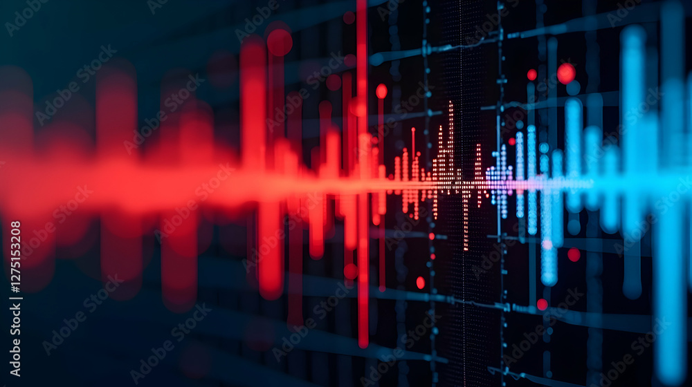 Poster dynamic data streams: a mesmerizing visual of vibrant, contrasting red and blue digital waveforms, p