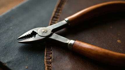 Obraz premium Close-up view of vintage pliers with wooden handles resting on aged leather surface