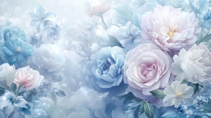 Obraz premium elegant floral bouquet illustrations, soft peony blooms, delicate roses, light blue clematis clusters, fresh sage foliage, romantic garden composition, ethereal summer arrangement, graceful botanical