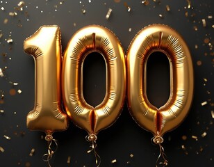Festive gold foil balloon number 100 on black background with falling confetti. Shiny metallic balloons decorations for hundredth anniversary party, birthday celebration. Event design concept.
