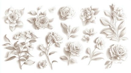 Obraz premium sophisticated floral collection, blooming peonies, classic roses, pale blue clematis, fresh leaf arrangements, romantic garden style, delicate summer bouquets, refined botanical elements, elegant