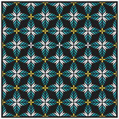A repeating geometric pattern of turquoise and white leaf-like shapes on a black background, accented with yellow details.