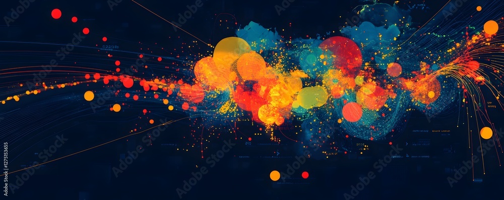 Poster vibrant abstract graphic featuring colorful splashes and dots on a dark background, perfect for dyna