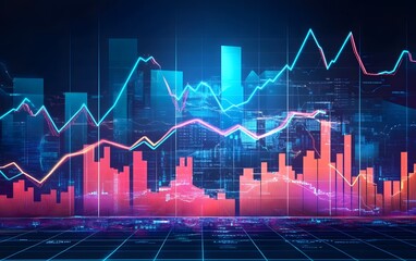 Naklejka premium Vibrant digital financial chart illustration featuring fluctuating graphs and data visualization. Perfect for representing investments, trading, and economic analysis.