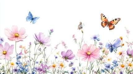 romantic garden border, airy watercolor wildflowers, dancing pink cosmos, lavender blue blooms, floating butterflies, gentle yellow daisies, translucent petal details, organic stem arrangement,