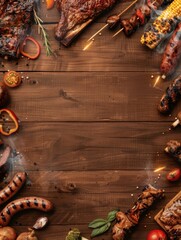 Top view of grilled bbq meats and vegetables on wooden background