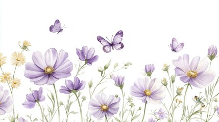 Fototapeta premium whimsical floral border design, floating cosmos flowers, delicate purple blooms, drifting butterflies, pale yellow daisies, soft watercolor botanicals, ethereal garden motifs, graceful green stems,