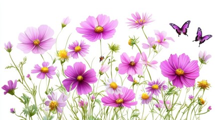Fototapeta premium elegant wildflower composition, airy pink cosmos, dancing purple blooms, wandering butterflies, bright yellow daisies, luminous watercolor technique, graceful green stems, spring border design,