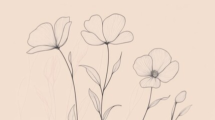 Elegant botanical line art, delicate wildflower stems and leaves, minimalist floral arrangement, natural organic shapes, flowing curves, soft muted palette, refined botanical illustration,