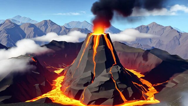 Animation of an active volcano, lava spewing and flowing