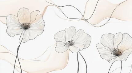 Modern botanical wall art, abstract floral elements, minimalist line drawing style, sophisticated wildflower composition, elegant botanical patterns, clean flowing design, gentle curves and stems,