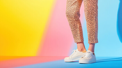 Female Legs in Trendy Leopard Print Pants and White Sneakers on Colorful Background