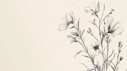 Naklejka premium Refined floral illustration, contemporary botanical art, delicate hand-drawn elements, subtle wildflower arrangement, sophisticated linear composition, elegant natural motifs, minimalist wedding