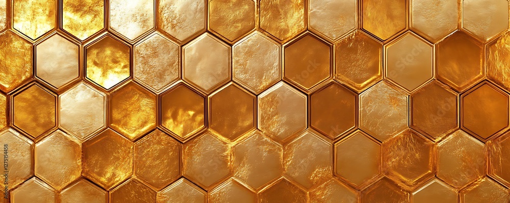 Poster a beautifully textured background featuring a pattern of golden hexagons, creating an elegant and mo