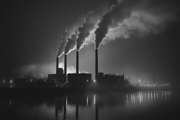 Night factory pollution river reflection