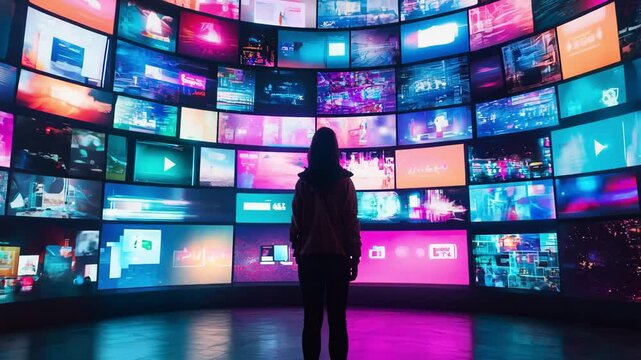 Portrait Of  Woman Entering 3D Cyberspace With Animated Social Media Interfaces, Online Video Games, Videos, Internet Content. Visualization Of woman  Surfing Computer Network.