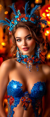 Woman in a blue outfit with a blue top and blue skirt. She is wearing a blue headpiece and blue earrings