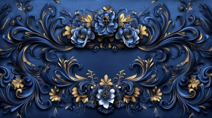 Floral medallion luxury pattern, intricate baroque details, deep blue ornamental background, symmetrical damask design, vintage textile aesthetic, refined gilded elements, elaborate curved motifs,